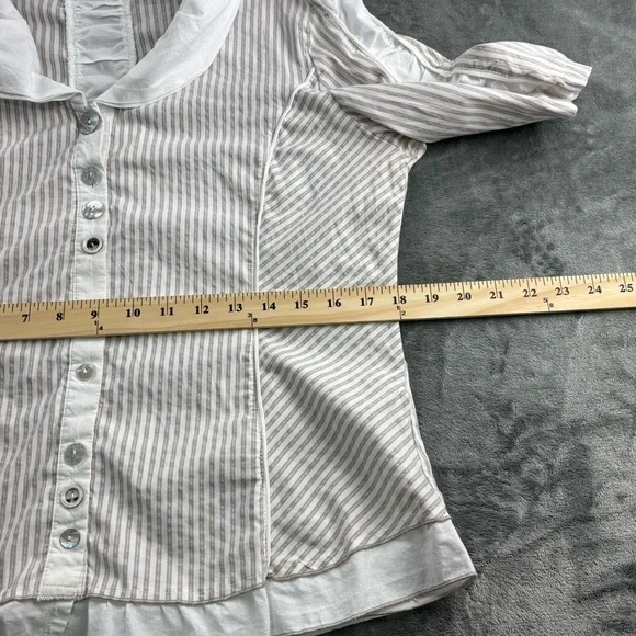 VTG Crisca Escada Blouse Women’s L Pinstripes Ruffle Buttons Academia White Gray - Picture 8 of 11